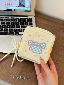1pc/4pcs Pastoral Style Nylon Square Storage Bag, Plaid Embroidered Letter Pattern, Drawstring Wrist Strap, Zipper Closure, Portable Makeup Bag, Sanitary Napkin Storage Bag, Suitable For Daily Outings, Outdoor Travel, Spring And Autumn Daily Use,Travel Essential - Multicolor - View 12
