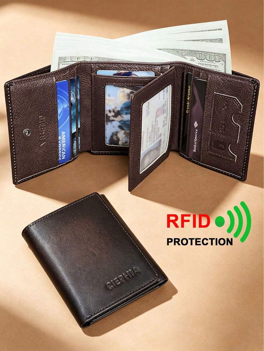 Premium Men's Genuine Leather Trifold Wallet With Secure ID Window And RFID Blocking, Durable Large Capacity, Convenient Flip Card Slots