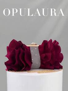 OpulAura 女士优雅迷人花瓣宴会手拿包，荷叶边设计，适合搭配晚礼服，可用于婚礼/度假/正式派对/舞会等场合，配有链条，花瓣形状随机 - 酒紅色 - 查看 1