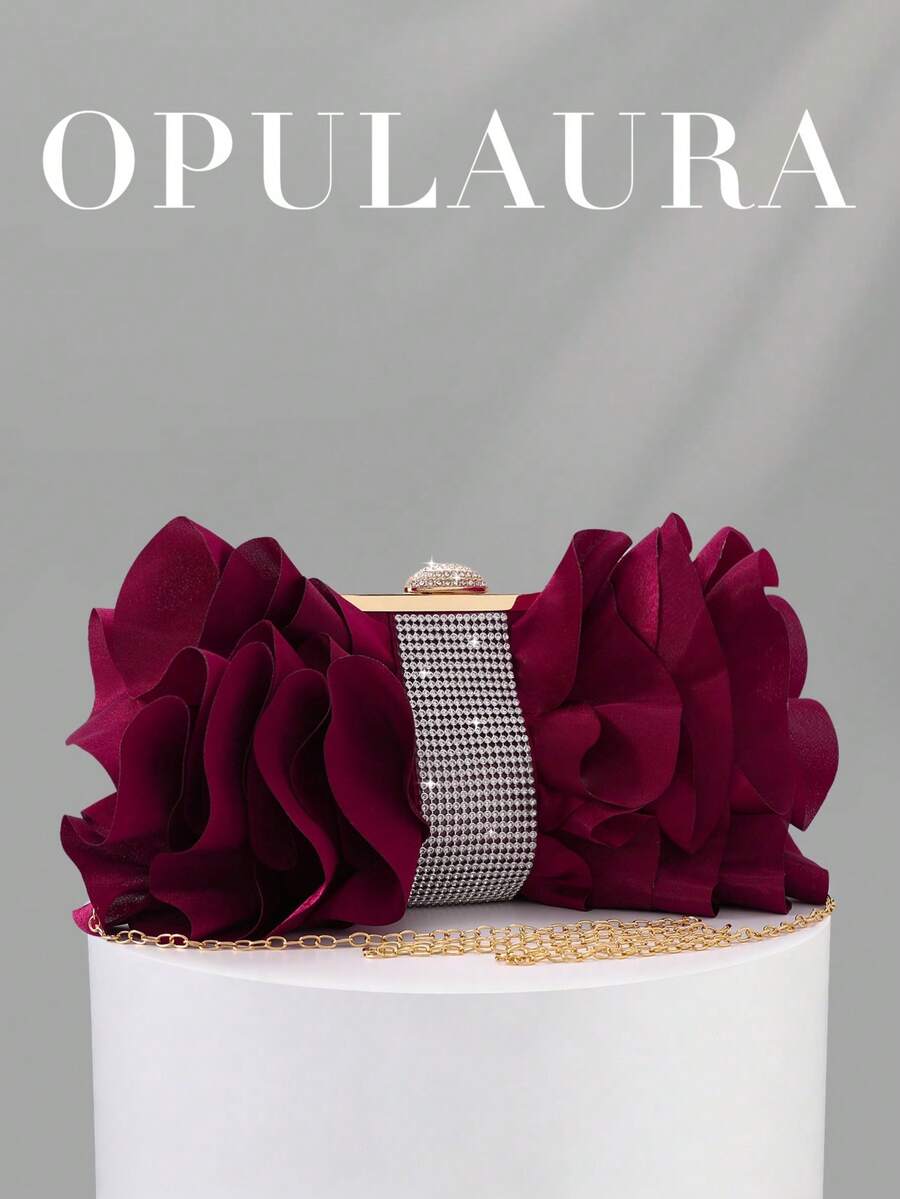 OpulAura 女士优雅迷人花瓣宴会手拿包,荷叶边设计,适合搭配晚礼服,可用于婚礼/度假/正式派对/舞会等场合,配有链条,花瓣形状随机 - 酒紅色 - 查看 1