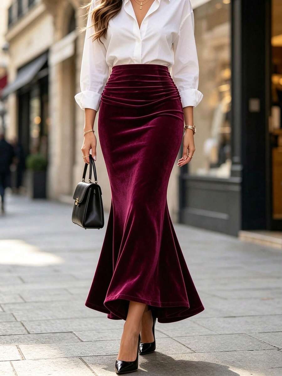 DONICY Women's Wine Red High Waist Side Ruched High Slit Mermaid Maxi Skirt, Draped Slim Long Half Skirt For Party Daily Wear Fall Winter - Burgundy - View 1