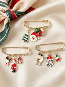 1pc/6pcs Set Cartoon Oil Drip Pendant Brooch With Rhinestones And Faux Pearls, Alloy Christmas Pin, Sweet Holiday Style Santa Claus & Christmas Gloves Cartoon Elements, Gold-Tone Clothing Jacket Decorative Accessory - Multicolor - View 2