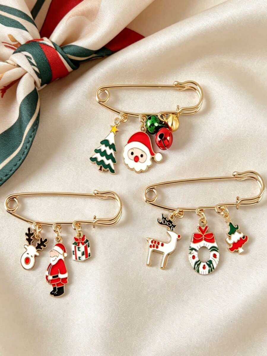 1pc/6pcs Set Cartoon Oil Drip Pendant Brooch With Rhinestones And Faux Pearls, Alloy Christmas Pin, Sweet Holiday Style Santa Claus & Christmas Gloves Cartoon Elements, Gold-Tone Clothing Jacket Decorative Accessory