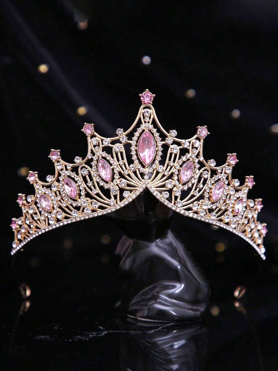 1pc European Style Handmade Crown, Suitable For Wedding Dress, Birthday Party, Banquet, Vow Ceremony, Alloy Rhinestone Crystal - Gold - View 1