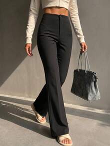 Women's Elegant Flared Pants, Solid Color Knit Stretch Trousers, Ideal For Work And Daily Wear, Effortlessly Create A Stylish Look. - Black - View 4