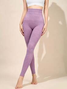 1pc Women's Purple High Waist Brushed Warm Leggings, Seamless Tummy Control Slim Fit Elastic Inner Layer, Brushed Thermal Slim Fit Base Layer - Multicolor - View 3