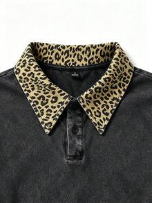 Men's Leopard Print Short Sleeve Casual Washed Distressed Vintage Old Money Polo Shirt - Multicolor - View 3