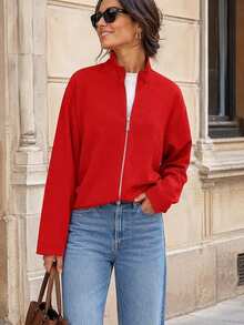 Women's Fashion Autumn Aviator Jacket, Stand Collar Zipper Jacket, Solid Color Pleated Street Style Casual Loose Short Jacket - Red - View 2