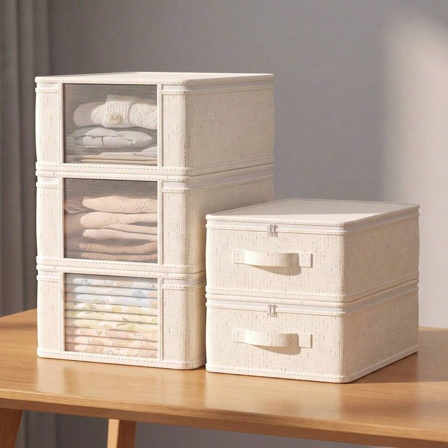 Linen 4-Piece Set Storage Box, Multiple Sizes Available, Transparent Window Flat Design, Double Zipper Foldable, Wardrobe Bedding Duvet Cover Sheet Organizer Bag, Suitable For Wardrobe, Bedroom, Bedding 4-Piece Set Storage, Sheet Duvet Cover Classification, Seasonal Organization - View 1