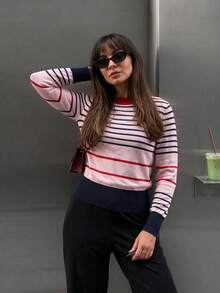 FOR BEAUTY Fall Winter Y2K Elegant Casual French Style Striped Round Neck Ribbed Trim Knit Sweater Tops Women Going Out Vacation Outfits - Multicolor - View 3