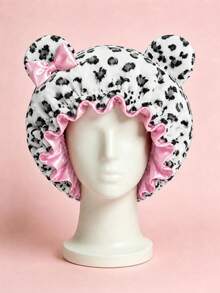 CONFLASS Leopard Print Plush 3D Cat Ear Bow Headband Hat, Quick-Dry Soft Sleep Cap, Suitable For Daily Nighttime Hair Care - Leopard Print - View 13