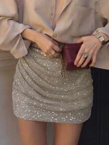 Unadoll Women's Autumn Beige Sequin Mini Skirt, Elegant High Waist Ruched Bodycon Skirt, Suitable For Parties, Date Nights And Back To School Season - Apricot - View 6
