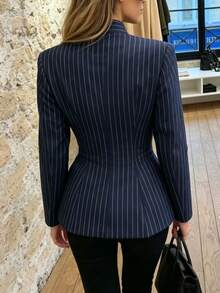 Daily Striped Stand Collar Frog Button Waist-Cinching Fishtail Commuter Short Jacket - Navy Blue - View 2