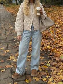Vivid Style Beige Cable Knit Cardigan Women Crewneck Button Up Crop Loose Sweater Drop Shoulder Lantern Long Sleeve Cozy Knitted Jumper Coat - Camel - View 2
