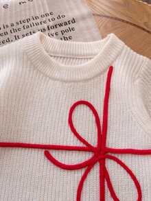 Girls' Minimalist Solid Color Bow Embroidered Knit Pullover Sweater, Suitable For Daily Casual Wear In Spring, Autumn And Winter - Apricot - View 5
