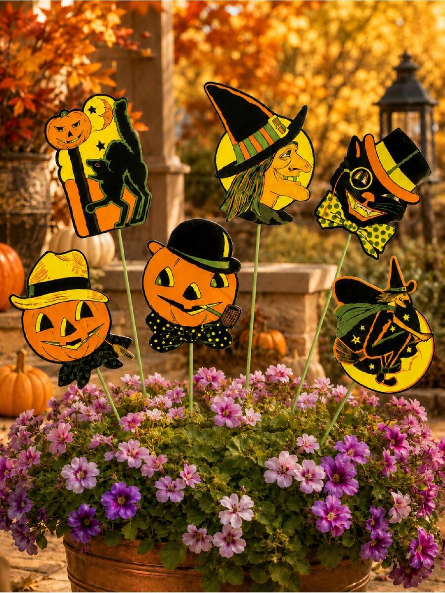 Vintage Halloween Garden Stakes, Pumpkin Lantern Witch Black Cat Yard Decor Signs, Waterproof Halloween Flower Pot Stakes, Suitable For Outdoor Lawn Patio Flower Pot Porch Halloween Party Decoration - Multicolor - View 1