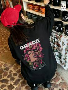 Oversized Women's Sweatshirt For Autumn/Winter, Casual Daily Wear, Long Sleeve Hoodie, Outerwear Top, Y2K, Letter Slogan Graphic, Unisex, Streetwear - Black - View 3