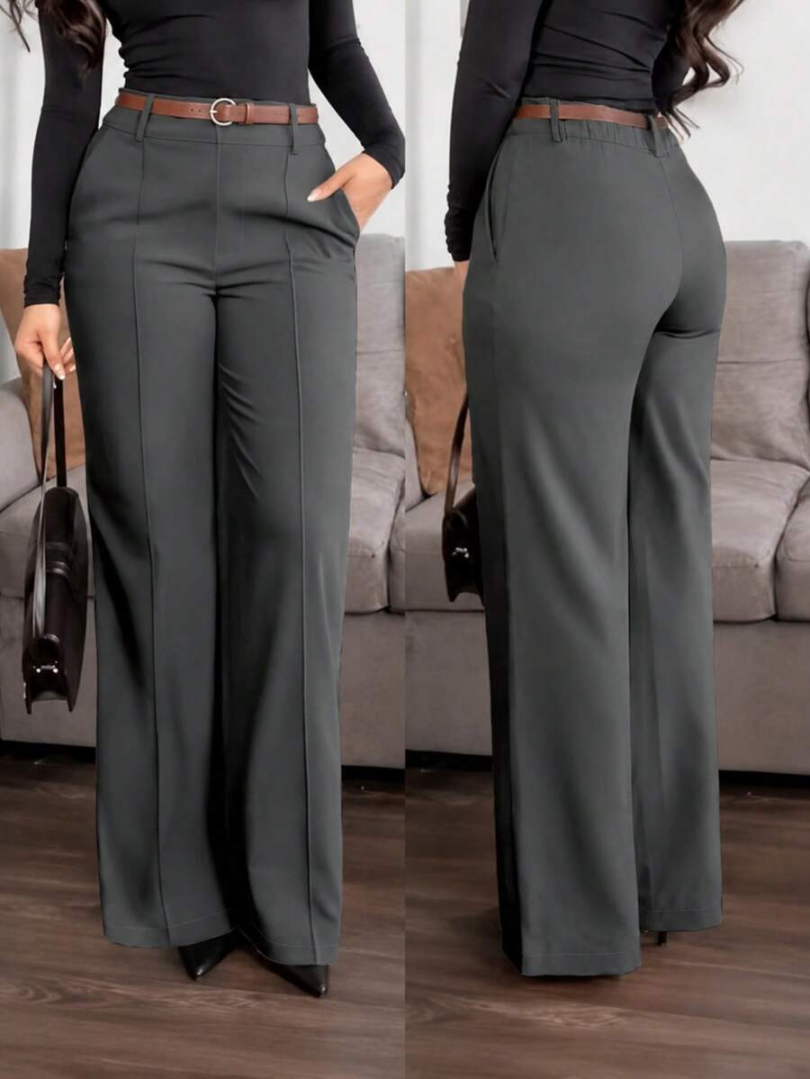 Women's Fashion High Waist Straight Leg Casual Pants Black Woven Fabric Pockets Zipper (Belt Not Included) - Grey - View 1