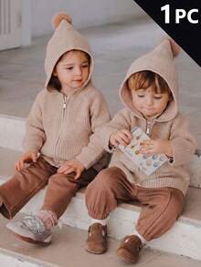 Infant & Toddler Boys & Girls Simple Solid Color Hooded Pom Pom Decor Zipper Cardigan Long Sleeve Knit Sweater Casual Versatile Jacket Suitable For Daily Wear, School, Spring, Autumn, Winter - Khaki - View 1