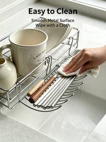 5pcs/1set Stainless Steel Kitchen Sink Edge Hanging Drain Rack, Drill-Free Multi-Function Storage Basket, Utensil And Knife Holder, Space-Saving Kitchen Countertop Organizer Rack, Suitable For Storing Sponges, Dishcloths And Kitchen Accessories - Silver - View 5