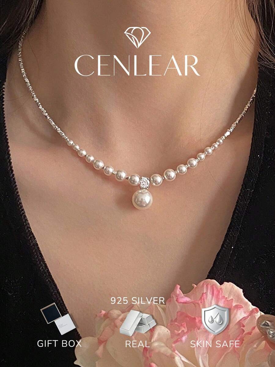 1pc S925 Sterling Silver Minimalist Creative Shredded Silver Design Pearl Necklace, High-Quality Jewelry, Hypoallergenic, Gift Box Set For Girlfriend Birthday Or Anniversary
