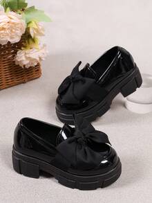 Girls' Shiny Patent Leather Thick Sole Loafers, Sweet Bow Decor, Slip-On Casual Shoes, Suitable For Various Daily Casual Occasions - Black - View 6