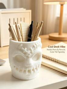 Cubo de almacenamiento multiusos con diseño de calavera cosida creativa, organizador de brochas de maquillaje de Halloween espeluznante, soporte de papelería para tocador, decoración de mesa festiva atmosférica - Multicolor - Ver 10