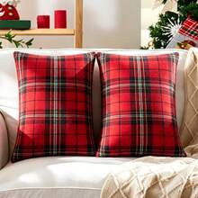 1pc/2pcs Christmas Red Plaid Pattern Pillow Case, 18x18 Inch, Scottish Farmhouse Vintage Classic Square Decorative Cushion Cover, Suitable For Sofa, Bench And Other Winter Holiday Decor - Red - View 12
