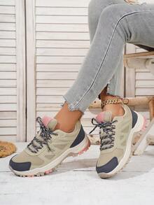 Women's Fashion Hiking Boots, Contrast Color Diamond Grid Pattern, Sports Outdoor, All Season, Lace-Up - Apricot - View 4