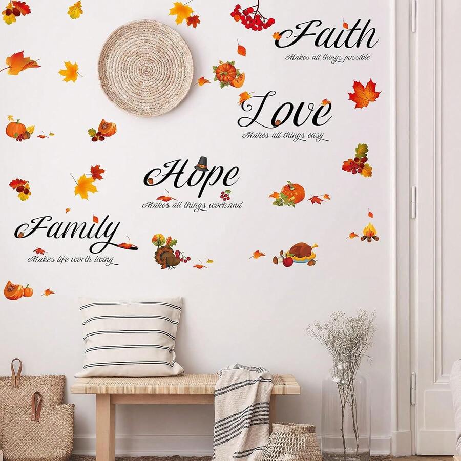 4pcs Thanksgiving Fall Harvest Wall Decal, Faith Love Hope Family Inspirational Quote Sticker, Maple Leaf Turkey Pumpkin Removable PVC Wall Sticker For Autumn Home Room Decor - Wall Stickers - View 1