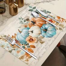 1/4/6pcs Autumn Series Blue & Orange Floral Pumpkin Pattern Printed Placemats, Heat-Resistant Table Mat For Home Kitchen, Table Protection, Kitchen Dining Table, Party Scene Decoration - Multicolor - View 11
