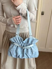 Tote Bag With Fresh Polka Dot Print, Textured Pleated Body, Pearl Lace Bow Pendant, Belt Buckle Gathered Design, Ruffle Hem, Suitable For Carrying Small Personal Items, Ideal For Daily Work, Commute, Campus, Short Trips - Blue - View 7