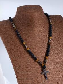 1pc Autumn/Winter Artificial Tiger Eye Stone Vintage Casual Men's Long Cross Necklace Sweater Chain - Multicolor - View 4