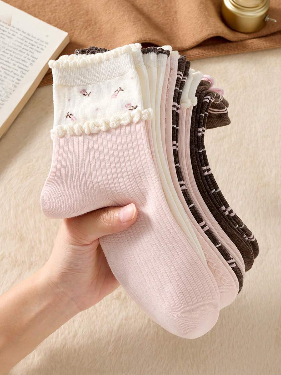 4 Pairs Women's Cute Sweet Breathable Floral Striped Embossed Lace Pattern Mid-Calf Socks Ankle Socks Casual Comfortable Preppy Style Student Socks Fashionable Comfortable Random Colors Suitable For Daily Wear Spring Summer Autumn Winter All Seasons - Multicolor - View 1