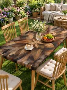 1pc Rectangular Elastic Tablecloth, Faux Wood Grain Geometric Floral Print Fitted Stretch Table Cover, Rustic Farmhouse Style Kitchen, Patio, Picnic And Outdoor Dining Table Decor - C - View 3