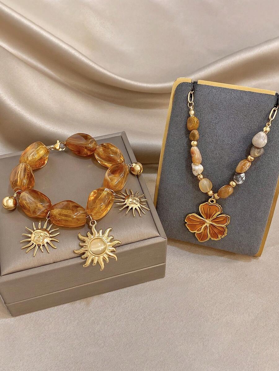 Caramel Color Flower Asymmetric Stone Chain Necklace Set For Women Sun Pendant Stainless Steel Chain For Party Birthday Autumn Winter Jewelry Gift - Multicolor - View 1