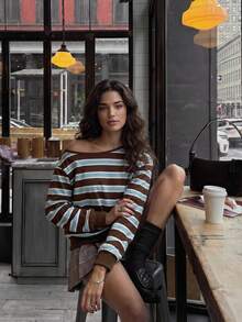 Sweatshirt Wanita Lengan Panjang Kasual Musim Gugur/Dingin 2026 dengan Motif Garis dan Blok Warna Serbaguna - Coklat - View 7