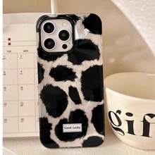 Korean Style Half-Cover Black & Silver Leopard Print Double Layer Pattern Phone Case, Compatible With Apple 18/17/16/15/14/13/12/11 Pro Max Couple Phone Protective Case, Creative Apple Phone Case, Birthday/Christmas/Halloween Gift, Gift For Boyfriend, Father, Family And Friends, Waterproof, Shockproof, Anti-Drop, Anti-Scratch - Black and White - View 5
