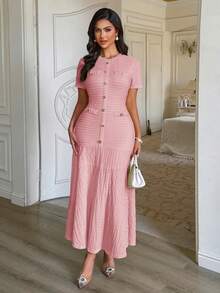 Unadoll 女款粉色粗花呢魚尾中長洋裝，短袖鈕扣修身洋裝，優雅夏季風格 - 粉色 - 查看 8