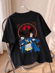 Summer Tee With Retro IP Print, Versatile Shaping, Y2K Street Style, Casual Parties. Black - Black - View 1