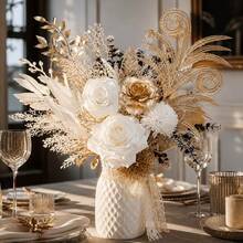 Autumn White & Gold Mixed Floral Artificial Bouquet, Gold Peony/Manta Rose Mixed Color Combination, 10pcs Set, Living Room, Bedroom, Study, Patio Atmosphere Decoration, Holiday Gift (Vase Not Included) - Gold - View 3