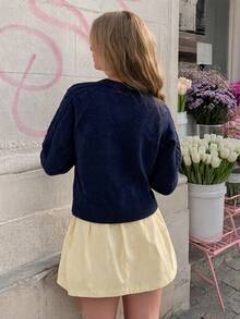 Áo cardigan len nữ cổ tròn cài nút phối màu, dệt vặn thừng phong cách vintage, thường ngày cho mùa thu/đông - Màu xanh hải quân - Xem 2