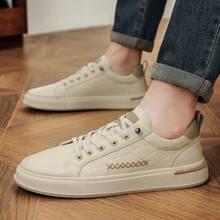 Men's Low‑Top Lace‑Up Thick Sole Skate Sneakers, Casual Shoes With Grid Pattern And Stitching Details, Suitable For Daily Commute, Street Styling, Weekend Outings, All‑Season Wear - Apricot - View 5