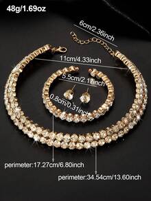 NAIZHU 3pcs/Set Women's Multi-Layer Gold-Tone Rhinestone Necklace, Bracelet And Earrings Set, Party Outfit Accessories - Gold - View 5