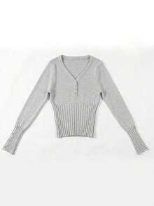 Korean Style Minimalist Sexy V-Neck Button Long Sleeve Knit Sweater Women Autumn/Winter Short Slim Fit Base Layer Top - Grey - View 6