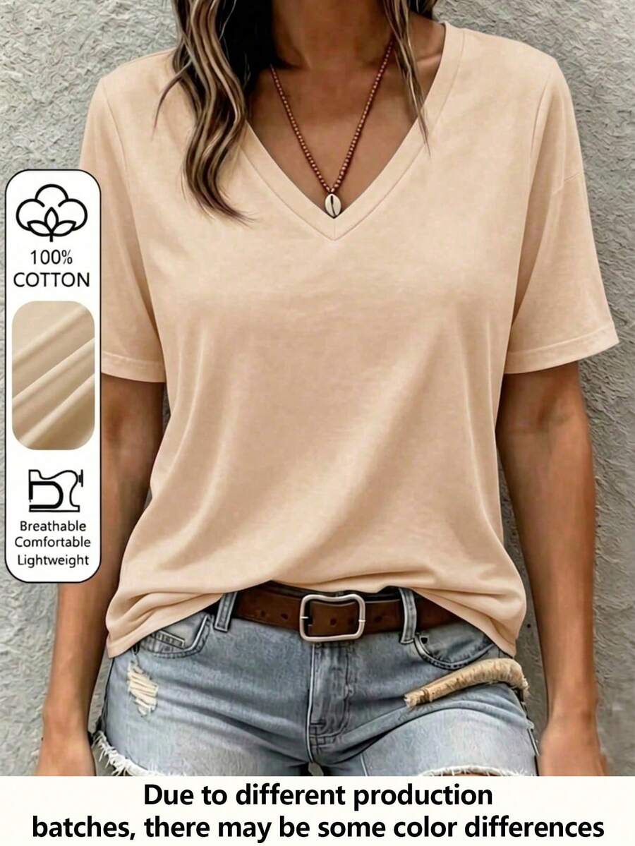 100% Pure Cotton Women's T-Shirt Top, Apricot Short Sleeve, Spring/Summer/Autumn Casual Wear