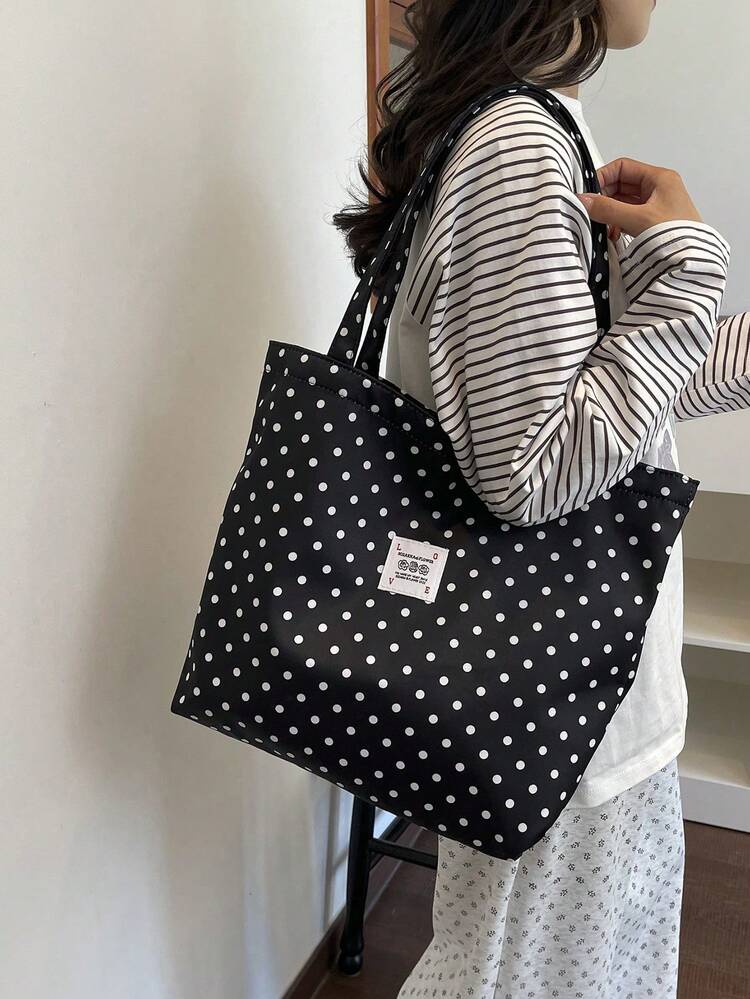Korean Style Minimalist Polka Dot Shoulder Bag, Slouchy Student School Commute Large Capacity Tote Bag, Double-Sided Canvas Bag - Black - View 8