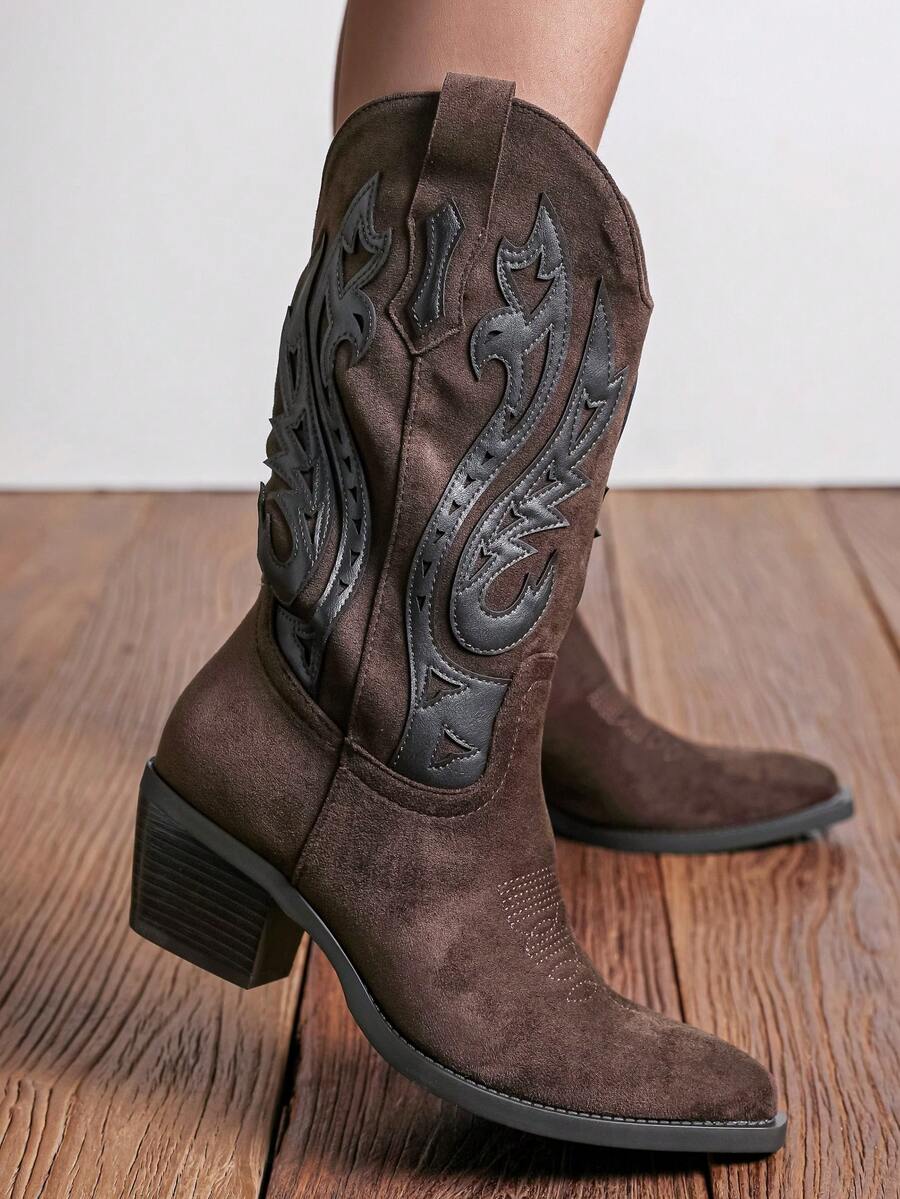 wellspring Ideal With Fall Clothes,Women's Western Style Embroidered Pointed Toe Slip-On PU Knee-High Boots, Chunky & Mid Heel, Winter Warm - Brown - View 1