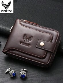 VINCESS Men's Casual Vintage Cow Leather Wallet, Fashion Genuine Leather Wallet, ID Window, Multi-Layer Card Slots With RFID Blocking, Zipper Cash Compartment For Secure And Convenient Use, Suitable For Daily Travel, Perfect Holiday Gift For Men - Coffee Brown - View 12
