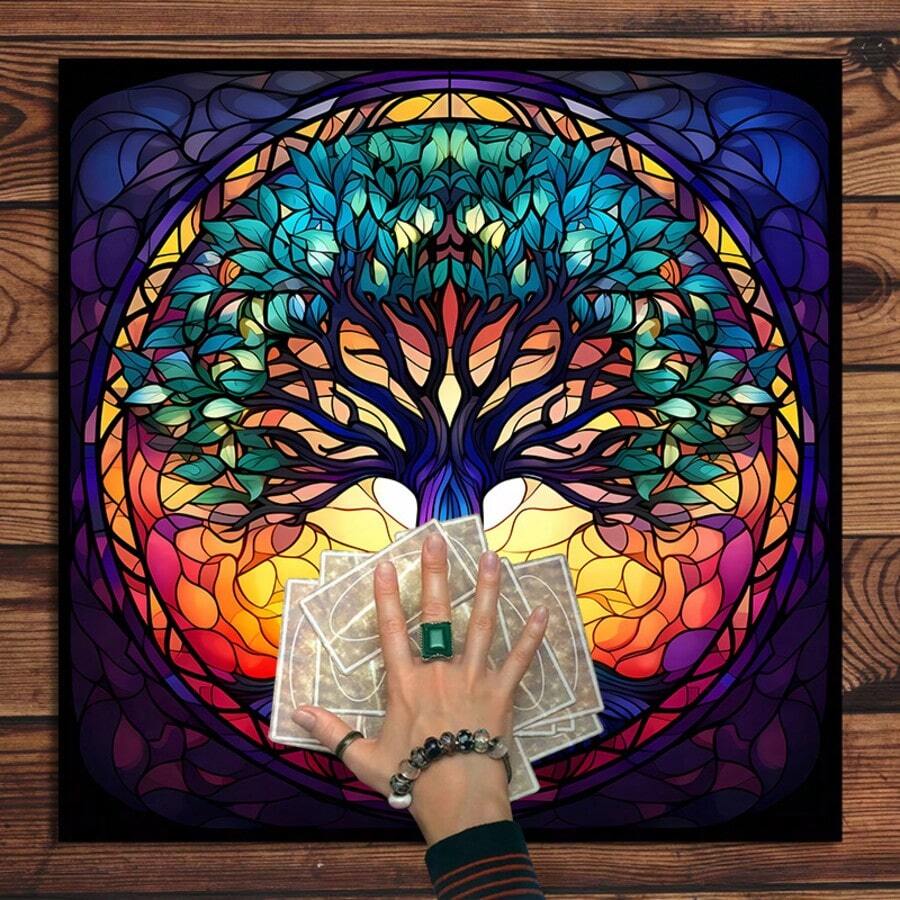 1pc Tree Of Life Stained Glass Tarot Cloth, Colorful Mosaic Altar Tarot Tablecloth, Mystical Spiritual Divination Mat, Boho Home Decor Tapestry For Tarot Reading Ritual - Multicolor - View 1